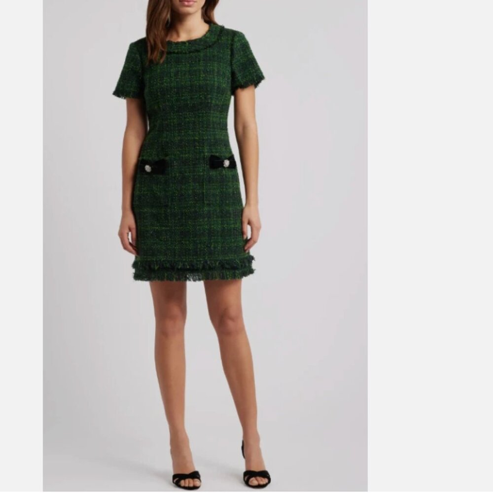 NEW Eliza J Hunter GREEN Metallic TWEED Pockets BOWS Frayed SHEATH DRESS 2